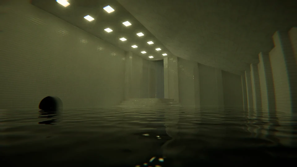 Water-level view of a dimly lit indoor swimming pool, capturing the tranquility of the space. The surface of the water is gently rippled, reflecting the soft light from the square ceiling lights above. A single dark tunnel is partially visible above the water in the foreground, adding a sense of mystery. The tall, white tiled walls lead to a distant vanishing point, creating a feeling of depth and solitude within the architectural setting.